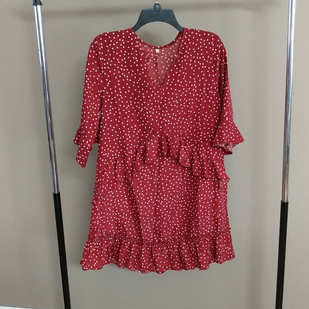 NEW V Neck Short Sleeve Polka Dot Mini Dress - Picture 6 of 8